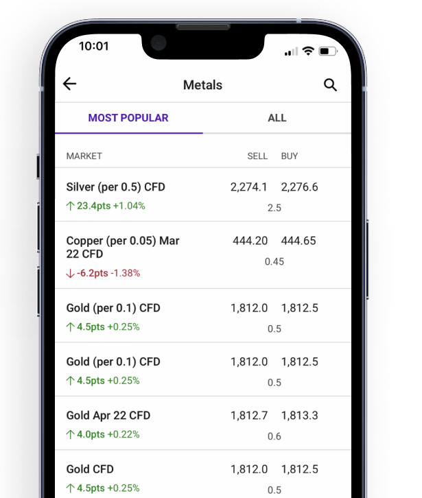 Mobile phone app screen showing metals commodities pricing