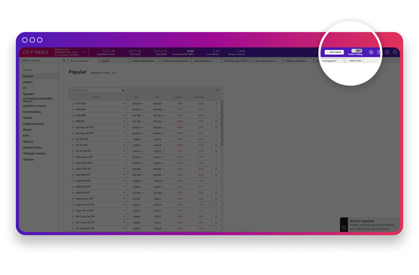 Screenshot of City Index platform showing one click trading
