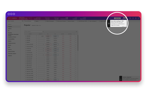 Screenshot of City Index platform showing one click trading activation