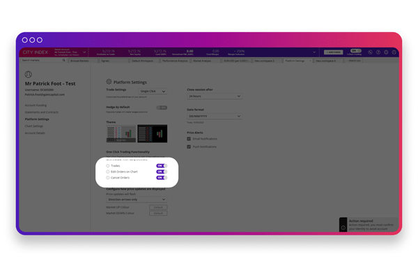 Screenshot of City Index platform showing one click trading settings