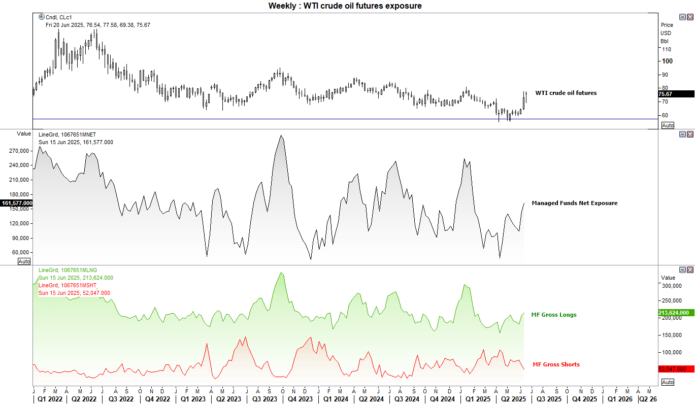 Weekly chart showing WTI crude oil futures alongside managed funds' net-long positioning. As of June 15, 2025, net-long exposure rose to a 19-week high of 161,577 contracts, with gross longs climbing to 213,624 and gross shorts falling to 52,047. This sharp shift reflects strong bullish sentiment ahead of a 20% rally in oil prices, though price has since stalled around $75.67.