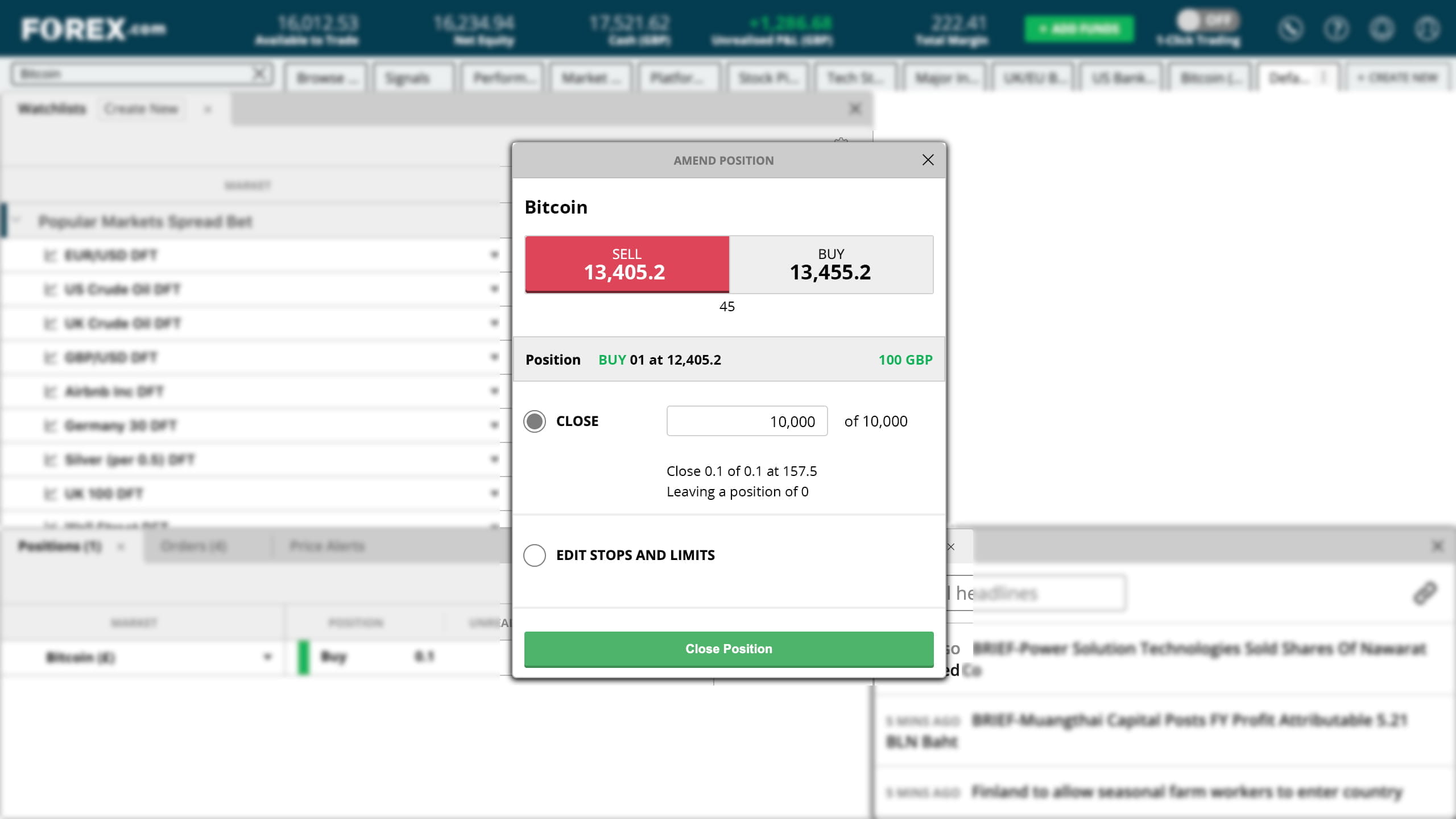Selling bitcoin on the FOREX.com web trading platform