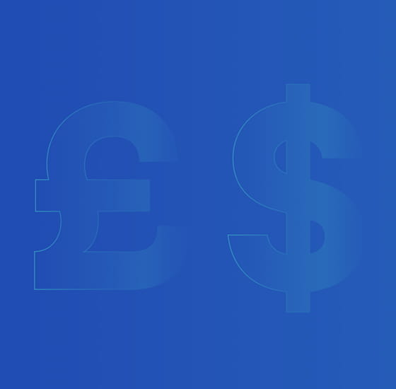 Embossed blue background with pound and dollar